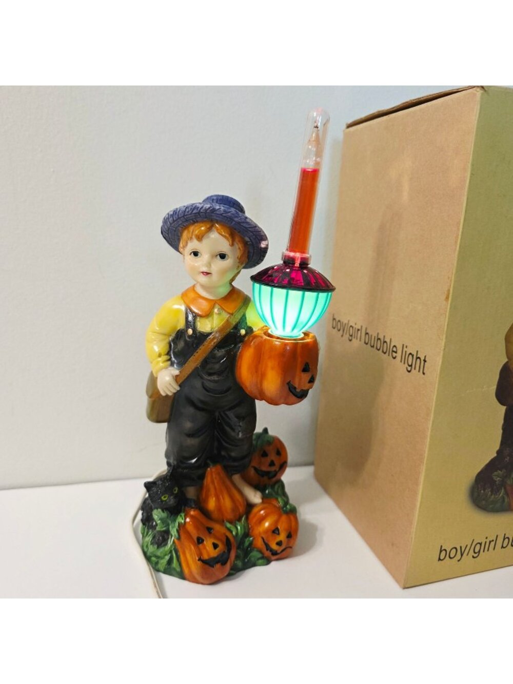 Vtg Halloween Farm Boy Jack o Lantern Pumpkin Figure Lighted Bubbler Light Decor